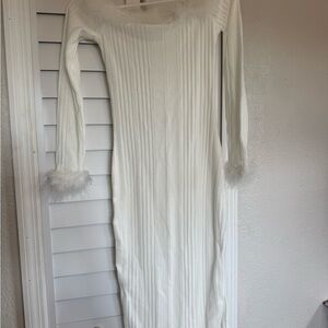 SHEIN White Ribbed Dress with Faux Fur Trim